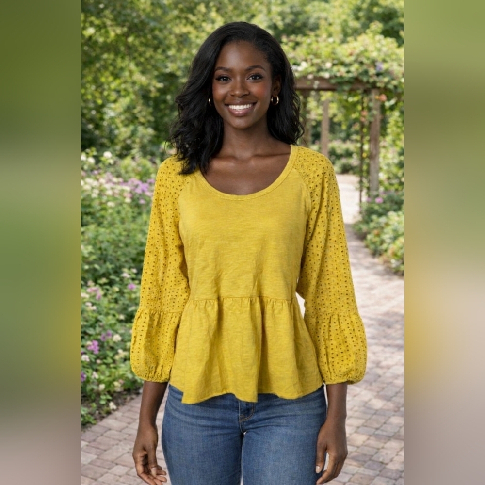 🌸 Time & Tru Mustard Yellow Peplum Eyelet Ruffle Shirt
